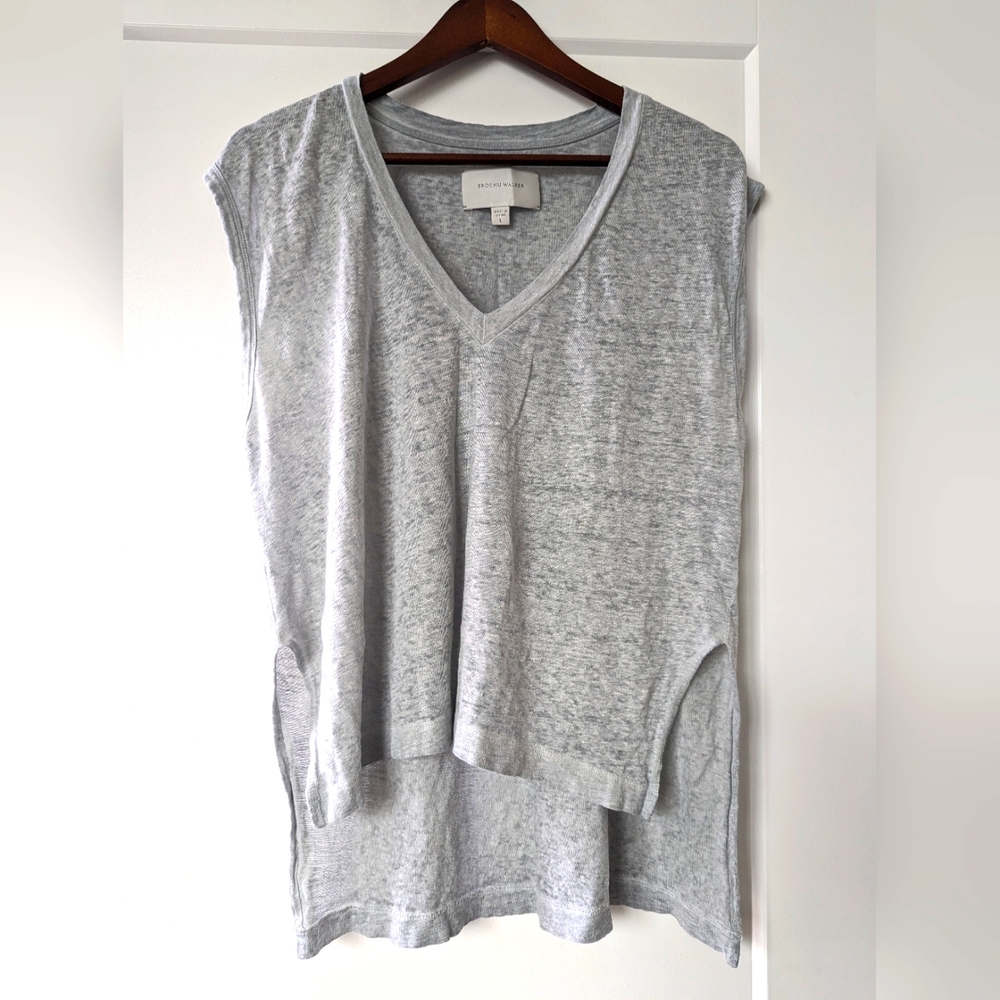 Brochu Walker Heather Gray Linen V neck Cap Sleeve Relax fit Shirt Top Sz L